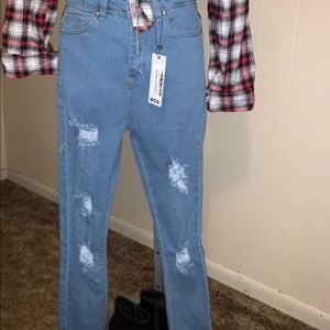 Boohoo Blue High Rise Super Distressed Skinnies